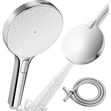Pommeau de douche rond 4 en 1 en ABS avec flexible en acier inoxydable, douchette à main 4 modes de pulvérisation – Une expérience de douche innovante
