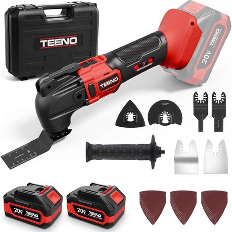 TEENO Outil Multifonction Oscillant Sans Fil 20V, Brushless Outil Multifonction Sans Fil avec 6 Vitesses, 2 4.0A Batterie, Chargeur, Angle Oscillant 4°, Pour Racler, Polir, Couper