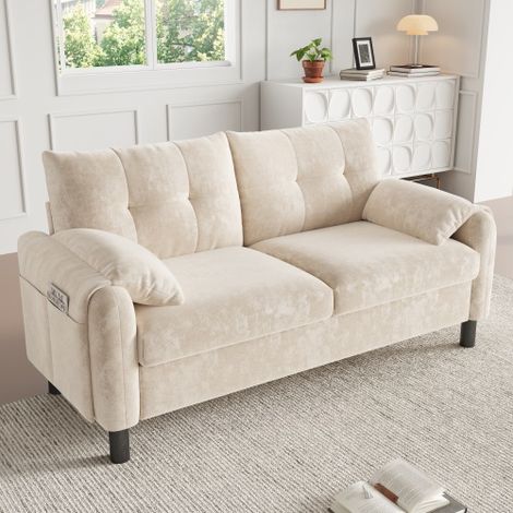 Modernes 2-Sitzer-Sofa, bequemes Polstersofa mit Chenillebezug und dicken Kissen, ideal für Wohnzimmer, Schlafzimmer oder kleine Wohnungen, skandinavisches Design, beige