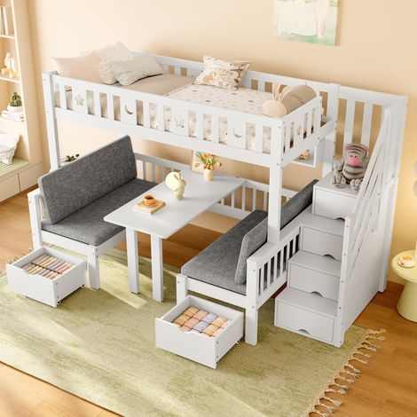 Bett Hochbett Klappschreibtisch 90x200 Kiefer Weiß OKMYHOME (1/5)