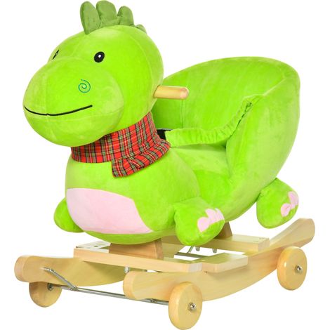 Cheval à bascule avec roues, cheval à bascule en forme de dragon pour enfants de 18 à 36 mois, en bois et peluche verte (1/5)