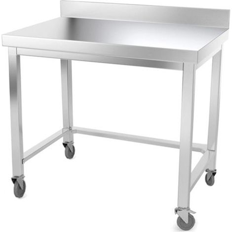 Table de travail en inox 1000 x 600 mm adossée avec renfort sur roulettes PREMIUM - GOLDINOX (1/4)