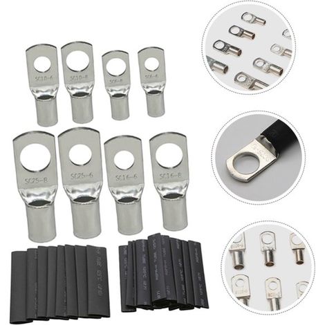 Set di 140 capicorda in rame, 60 terminali SC (da SC6 a SC25) con 80 guaine termorestringenti e connettori per cavi placcati in argento. (1/4)
