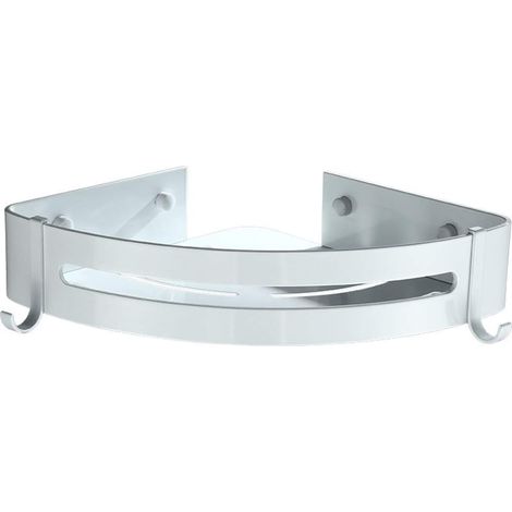 Estante esquinero de aluminio blanco adhesivo, para montaje en pared, con 2 ganchos para accesorios de baño.