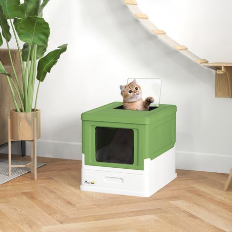Abnehmbare, abgedeckte Katzentoilette mit Vorder- und Obereingang, 47,5 x 35,5 x 36,7 cm, Avocadogrün und Weiß