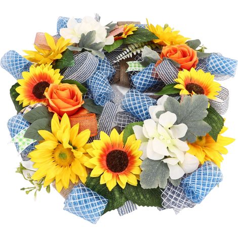 Sonnenblumenkranz mit 45 cm Durchmesser, leuchtende Farben, sicher und vielseitig einsetzbar, ideal zum Dekorieren einer Haustür, einer Party, einer Hochzeit oder eines Büros. (1/5)