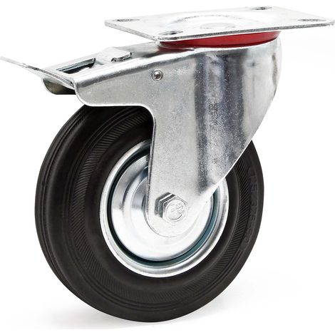 Wiltec Roulette pivotante Blocage double – Ø 125 mm – Capacité 100 kg – en Caoutchouc – Roue avec Frein et Plaque de montage – Transport Appareil Accessoire Meuble – Usage silencieux sans trace (1/5)