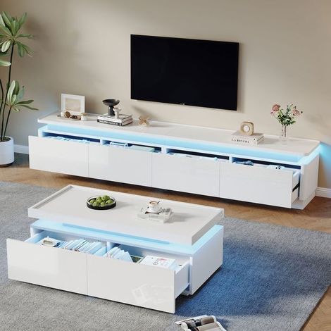 Table Basse avec Rangement 4 tiroirs éclairage LED finition blanc brillant meuble TV écran 75 pouces design minimaliste (1/5)
