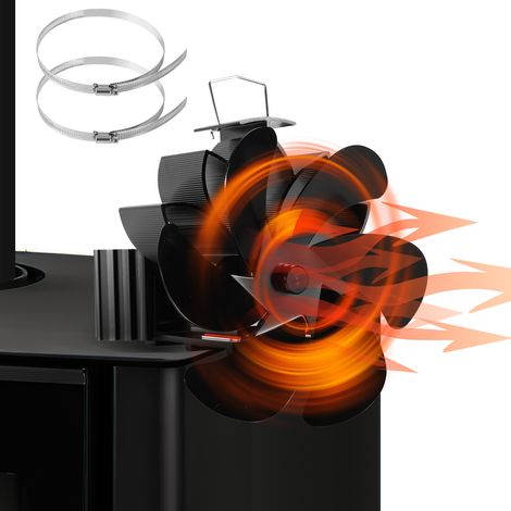 Randaco Magnetischer 6-Flügel Kaminventilator für Ofenrohr, wärmebetrieben, mit 2 Rohrschellen und Schraubendreher, Schwarz (1/5)