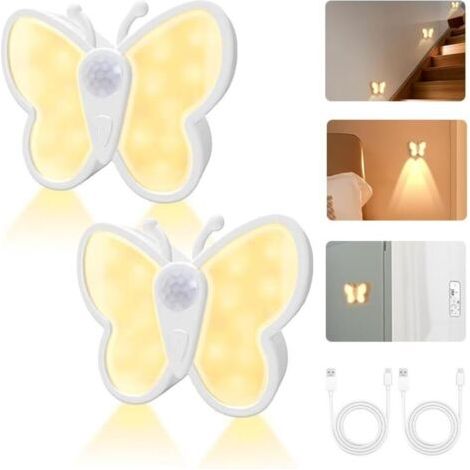 Pair Lot de 2 veilleuses avec détecteur de mouvement - LED à intensité variable - 3 modes de couleur et forme de papillon - Rechargeable par USB - Pour chambre à coucher, couloir, cuisine, salon (1/5)