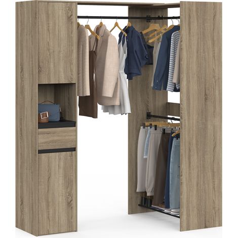 Dressing d'angle modulable L. 145 / 203 cm MELMAN triple penderie + portes + tiroir + étagères bois et noir (1/5)