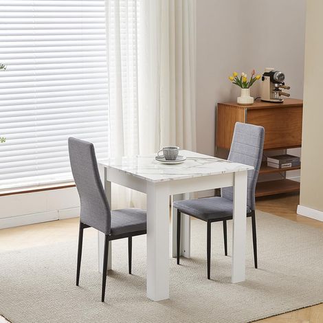75x75cm Square Dining Table and Chairs Set, Small Dining Room Set High Gloss Dining Table with Chairs Home Furniture (Grey Linen, Marble-White Table with 2 Chairs)