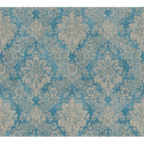 Barock Tapete Profhome 336075 heißgeprägte Vliestapete glatt im Shabby Chic Stil matt türkis pastell-blau grau beige 5,33 m2