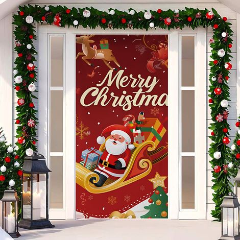 Rideau de porte de Noël 2026, bannière extérieure avec fond photo Père Noël et chien, tissu à suspendre - 90 x 180 cm (œillets + ruban) - 47