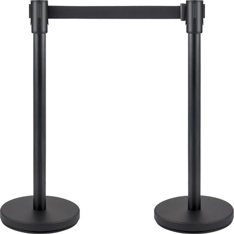 Barrière de foule avec sangle rétractable noire, lot de 4 poteaux avec socle en béton et métal, hauteur 2 m, assemblage facile. (1/5)