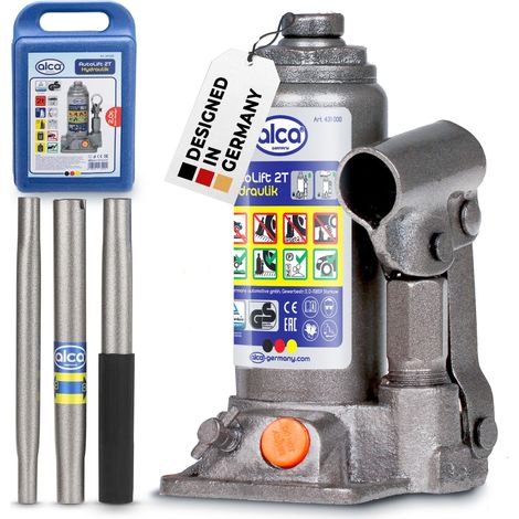 alca® Hydraulischer Unterstellheber 2t im Koffer – Hubhöhe 158–308 mm, Stempelwagenheber mit Verlängerungsschraube, TÜV–Zertifiziert & GS–Geprüft, nachfüllbar