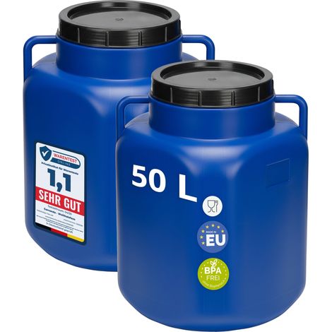 Garronda Lot de 2 fûts alimentaires carrés 50 L en HDPE sans BPA, à large ouverture avec couvercle, pour eau, aliments, choucroute et fermentation, bleu GD-0134