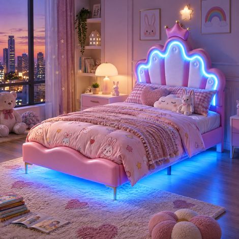 JOOKGBD–Lit pour Enfant 90x190 cm,Lit Capitonné,Lit en Forme de Couronne,Lit de Princesse,Éclairage LED en Tête et Sous le Lit,Sommier à Lattes,PU,Rose