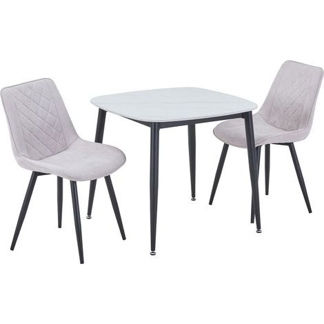 Aspen Gloss White Sintered Stone Square Table & 2 Natural Fabric Chair Set - Metal - L54 x W53.5 x H85.5 cm