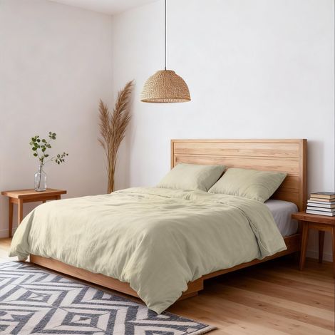 Housse de Couette Double Effet Water Washed, Parure de Couette : Housse 250x200 cm avec Rabat et Paire de taies d'Oreiller – Crème (1/5)