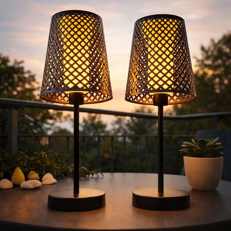 LED Solar Tischleuchte Garten Solartischlampe für Außen Balkon Solar Tischlampe Metall, schwarz, Lichteffekt, 1x LED 3000K, DxH 18x50cm, 2er Set