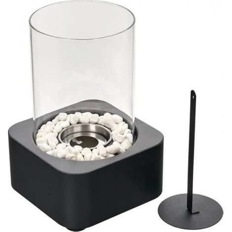 Cheminée de table au bioéthanol - Carrée - Cheminée d'ambiance intérieure et extérieure - Cheminée moderne au bioéthanol avec pierres - Noire - 18,5 cm (1/5)