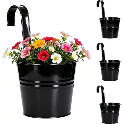 Lot de 4 pots de fleurs suspendus en métal de 16 cm avec crochet amovible, fer galvanisé, avec trou de drainage, pour plantes de balcon (noir) (1/5)