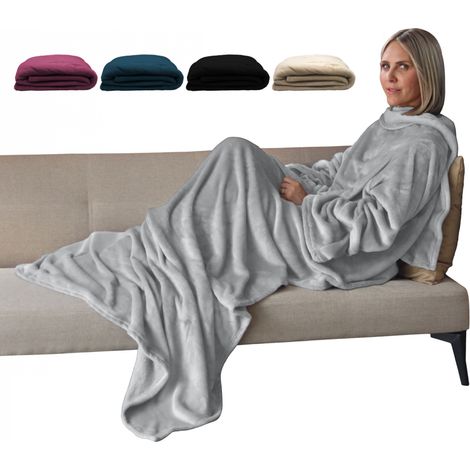 Plaid polaire avec manches et poche – 210 x 140 cm – Gris – Tissu 100% polyester – Lavable en machine à 30° – Vivezen