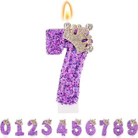 Bougies d'anniversaire mauves, Bougies couronnes combinables avec Chiffre 7 pour gâteau, Bougie avec Chiffre 7 comme décoration de gâteau pour fêtes Anniversaires (1/5)