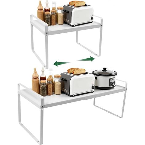 Telescopic Kitchen Shelf, Extendable Shelf for Cupboard 34.5-62.5 cm, Kitchen Worktop, Cupboard Organizer for Bathroom, Table (White) (1/5)