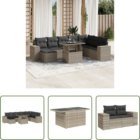 vidaXL Set muebles jardín 9 pzas y cojines ratán sintético gris claro (1/5)