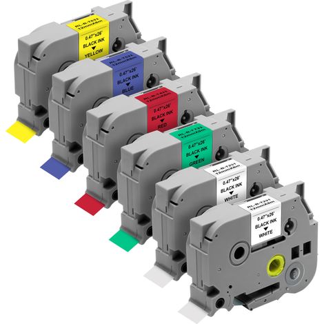 Lot de 6 rubans d'étiquettes 12mm x 8m – 2 blancs, 1 bleu, 1 jaune, 1 rouge, 1 vert – Compatible Brother P-touch (1/5)
