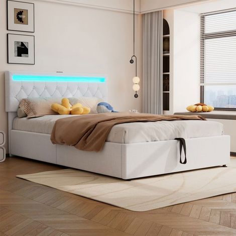 Letto con contenitore 140x190 - AAK - Lino bianco - Testiera con Led e USB - Struttura del letto con rete a doghe in legno - 2 posti