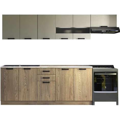 Conjunto de cocina Houston 1182, Cachemira + Roble, 260x60cm, Encimera, Aglomerado laminado, Vidrio, Aglomerado laminado