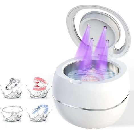 Pulitore dentale a ultrasuoni, 42 kHz, per protesi dentarie, apparecchi ortodontici, gioielli, serbatoio dell'acqua da 180 ml, doppia modalità, timer digitale, portatile, bianco (1/5)