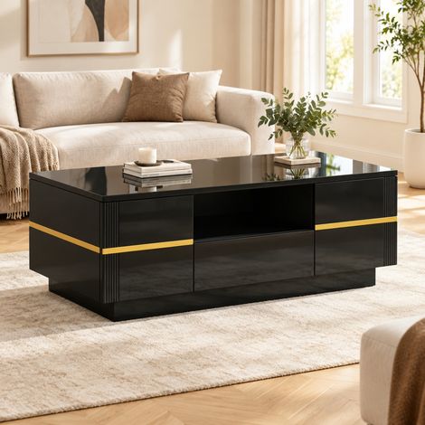 MEUBLIV Couchtisch 100 x 50 x 35,5 cm MDF Schwarz mit LED-Beleuchtung und Stauraum (1/5)