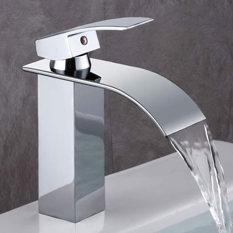 Robinet de salle de bain, robinet de lavabo au design cascade moderne, corps de vanne en cuivre durable, laiton chromé. Eau chaude et froide disponible (1/4)