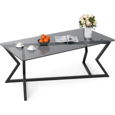 Table Basse en Verre, Table Basse Rectangulaire avec Plateau en Verre Trempé et Cadre Métallique Géométrique, Meuble d'Appoint, 110 x 55 x 44,5 cm (1/5)