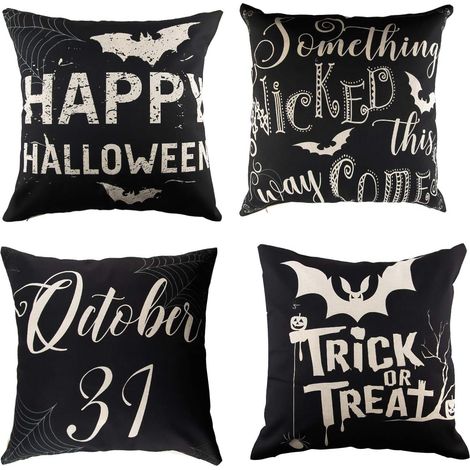 4-teiliges Halloween-Kissenbezug-Set „Fröhliches Halloween – Süßes oder Saures“ Leinenkissenbezug Sofa Couch Bett Dekoration (45x45 cm) (1/4)