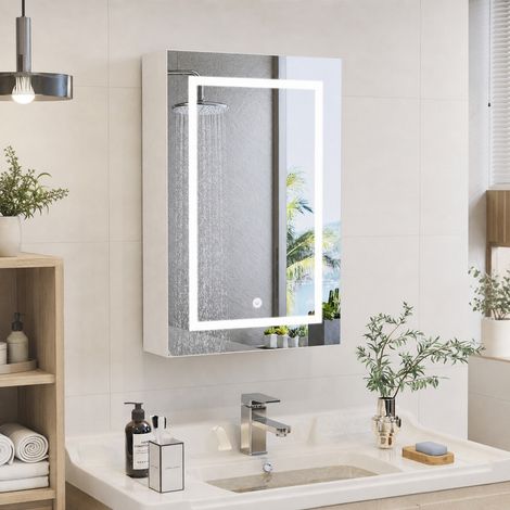 Armoire de salle de bain avec miroir LED 50x12,5x70 cm, Meuble Mural Salle de Bain Armoire, 1 porte et 2 étagères en verre réglables, éclairage 3 modes