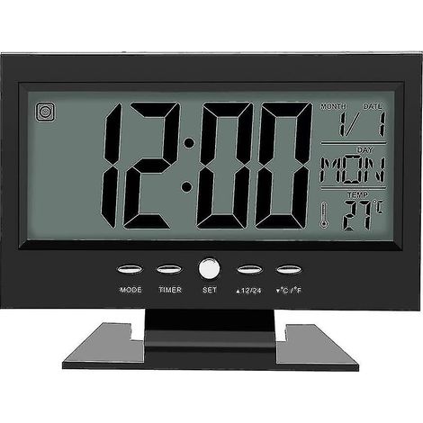 Horloge numérique de bureau avec calendrier, réveil, veilleuse intelligente et fonction snooze (noir) (1/4)
