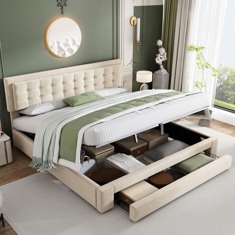 Letto contenitore 180x200 cm, tessuto velluto, con cassetti, spazio di stoccaggio idraulico, per adulti e adolescenti, letto matrimoniale capitonné - beige (1/5)