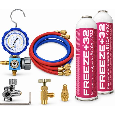 Kit de Recarga con 2 Botellas de Gas Ecológico Freeze+32 (700g neto)  Equivalente a 1.6kg de R32/R410A  Incluye Manómetro (1/5)
