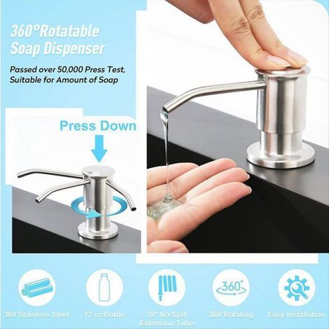 Distributeur De Savon Encastrable - Acier Inoxydable 304 - Tube Silicone Alimentaire - Pivot 360° - Pour Évier Cuisine Salle De Bain - 1 Pièce (1/5)