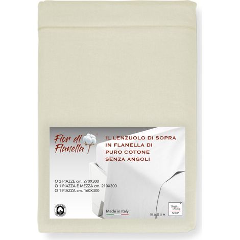 Drap supérieur en flanelle sans coins couleur crème - Pur coton doux   Fabriqué en Italie   Pour matelas maxi et surdimensionnés Cm. 270x300