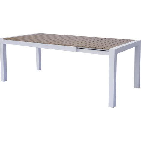 Tavolo da esterno in alluminio bianco con top in legno resinato, allungabile da 160 a 210 cm (1/4)
