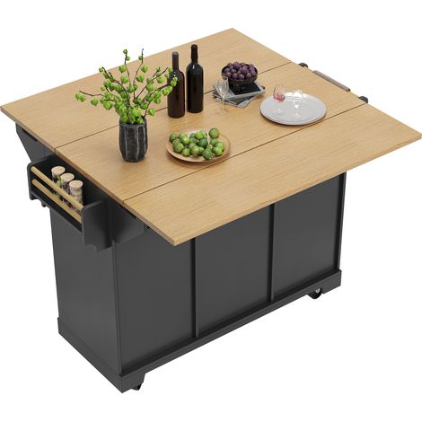 Îlot de cuisine, meuble, buffet 120 x 40 (80) x 95 cm, chariot de cuisine extensible à roulettes, extensible des deux côtés, avec porte-serviettes et range-épices, deux portes, trois tiroirs, noir/bla