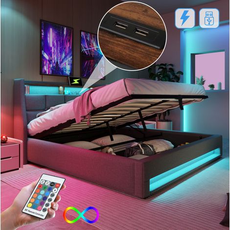 Polsterbett 160x200 cm Leinen Grau mit LED, USB und Stauraum, ohne Matratze – MEUBLIV (1/5)