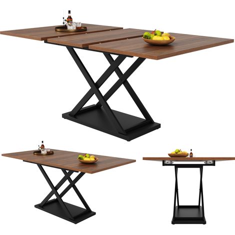 Table à manger extensible 120-160 cm finition noyer, pieds croisés noirs en métal