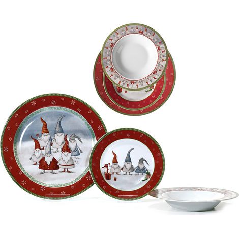 Servizio Piatti Natale completo per 6 Persone 18 Pezzi Babbo natale gnomi rosso  in Porcellana tavola elegante natalizia decorazione idea regalo